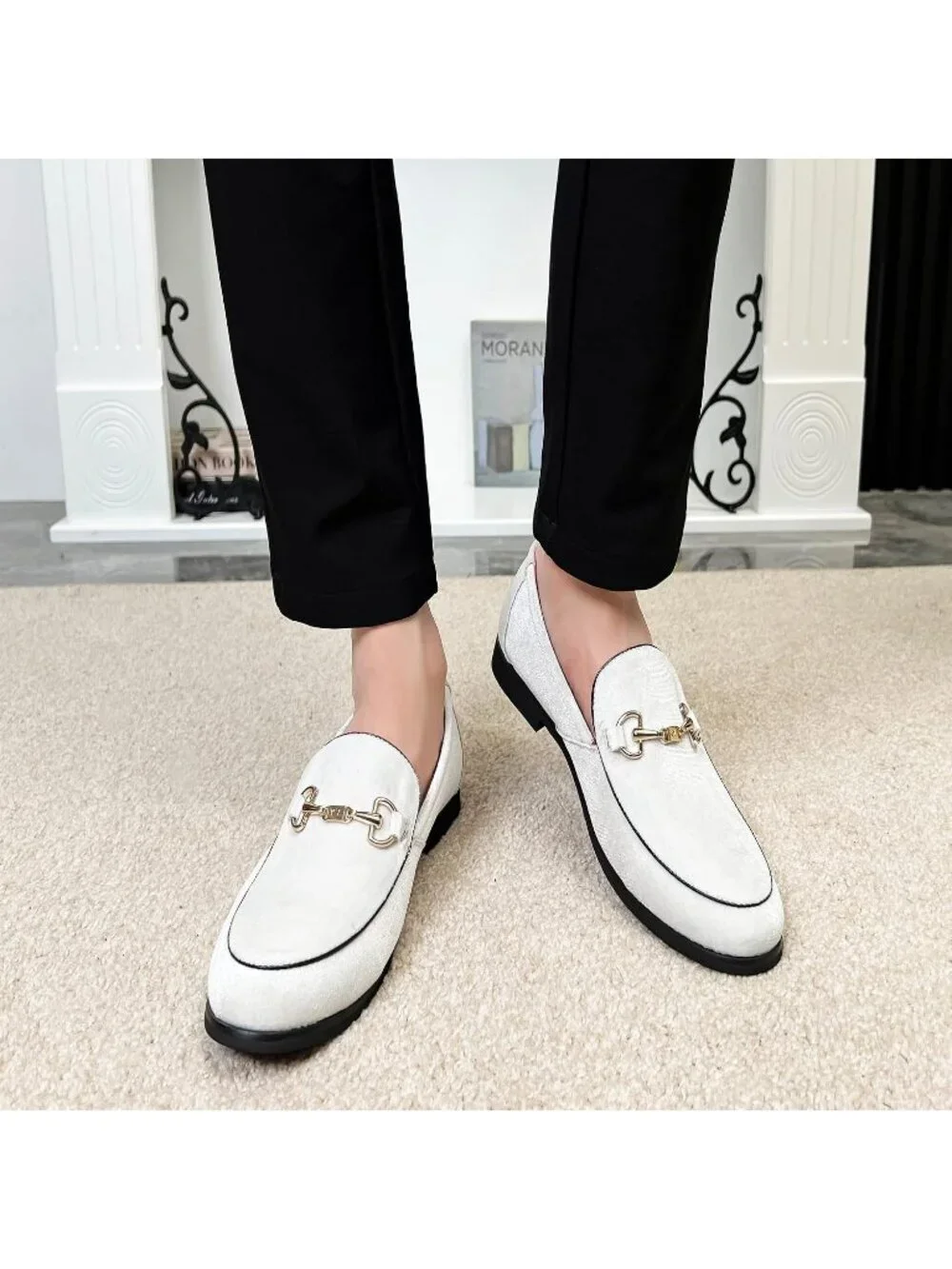 LCQL Men's White Leather Velvet Loafer Gold Buckle Slip On Comfortable Shoes